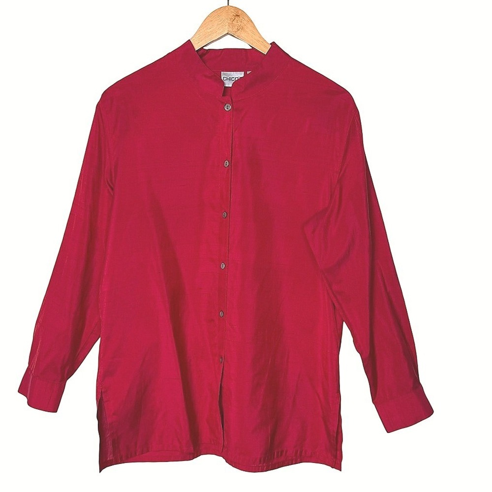 Chico's Womens L Silk Blend Blouse Red Mandarin Collar Asian Artsy Boho Vintage